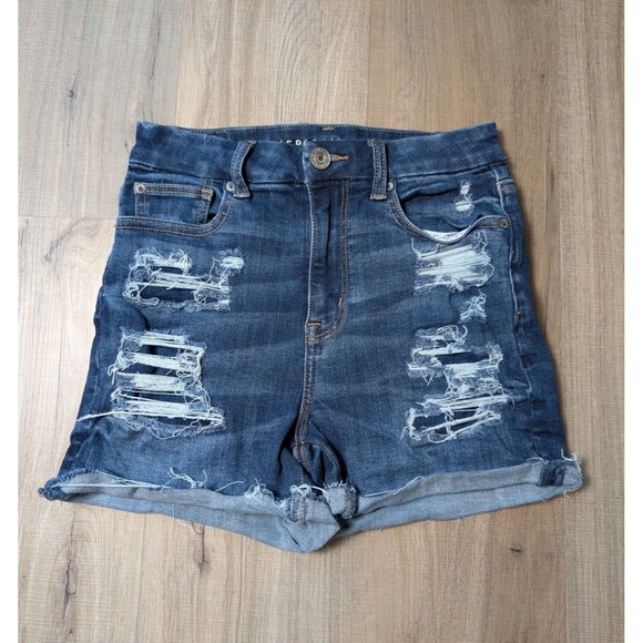 American Eagle Outfitters Pants - American Eagle Curvy Hi Rise Shortie Size 2 Blue Denim Distressed Stretch